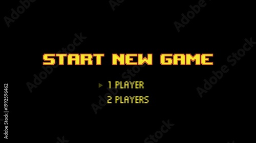 8-bit pixel art start new game screen and player selection text. looped animation 4k 30fps