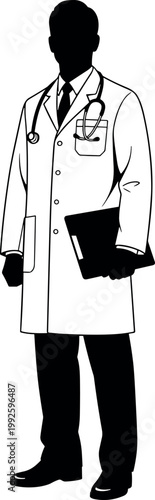 Male doctor silhouette with stethoscope and clipboard standing in lab coat medical professional vector illustration for healthcare clinic hospital design.