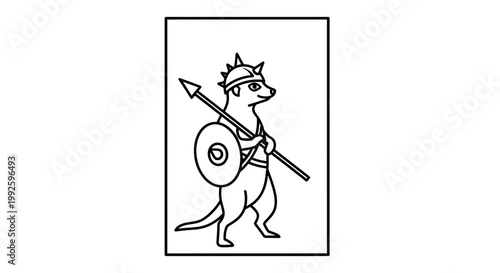 Cartoon Meerkat Warrior with Spear and Shield, Medieval Helmet, Fantasy Character