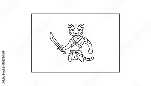 Cartoon Leopard Warrior with Sword, Standing Proudly, Ancient Warrior Style