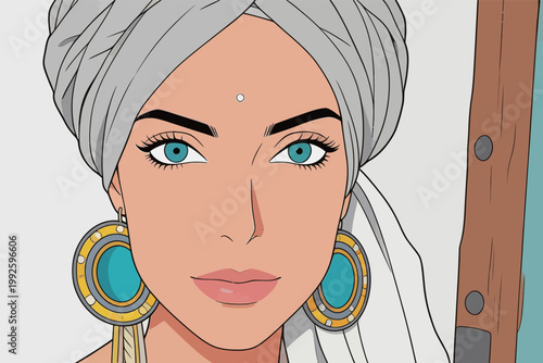 Young woman with a head wrap and earrings poses for a close-up in a bright setting, capturing her features and style