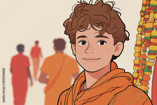 Young boy smiles in a festival scene with colorful decorations and people walking in the background at an outdoor event