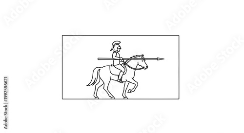 Ancient Greek Warrior on Horseback with Spear - Line Art Illustration