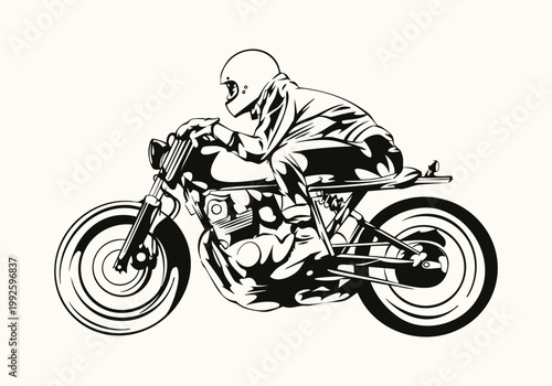 Cafe Racer Motorcycle Rider in Dynamic Pose – Vintage Retro Vector Illustration