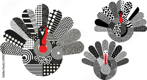 Modern abstract turkey vector set, stylized Thanksgiving bird illustrations with geometric patterns, black and white decorative poultry icons with red accents