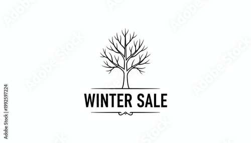 Winter Sale Text with Tree Silhouette and Decorative Elements