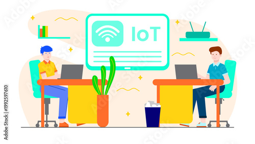 Two office workers at separate desks with a large central IoT wifi screen representing a connected workspace