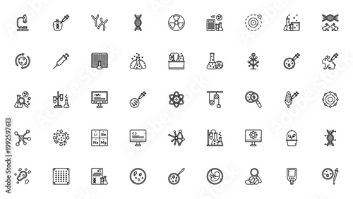 Bioengineering icon set. Vector symbols for DNA, microscope, research, genetics, engineering, chemistry, lab, and more. Editable thin line illustrations.