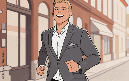 Man runs in smart clothes along a city street with shops and buildings during daytime in a lively area