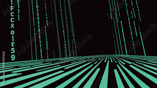 Digital data stream flows downward in green lines and numbers on a black background during a virtual display of binary code