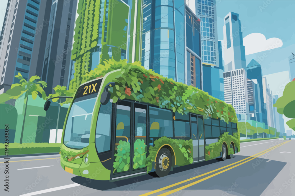 Obraz premium Urban bus with green design travels on city street surrounded by tall buildings and greenery during daytime