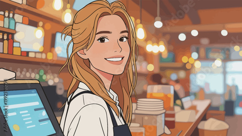 Barista smiles while serving customers in a busy cafe during afternoon hours in a bustling city center environment