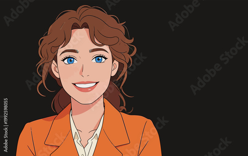 Woman with curly hair smiles while wearing an orange blazer against a dark background in a simple and bright setting