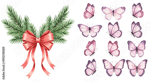 Elegant Christmas Pine Branch Bow Ribbon and Colorful Butterfly Collection Vector Illustration Set for Holiday Design
