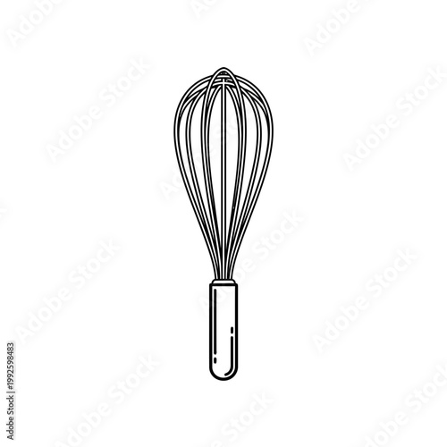 Minimalist line drawing of a kitchen whisk on a white background