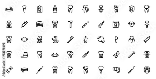 Dentist icon set. Dental vector icons pack. Minimal linear icons for dentistry, including tooth, braces, implant, tools, care and more. Editable stroke.