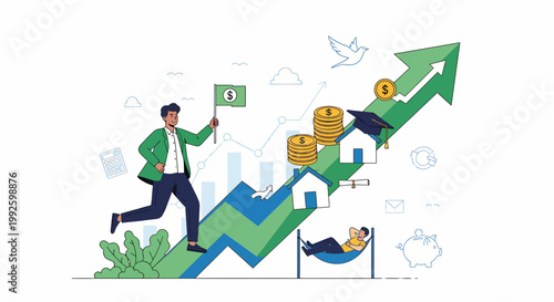 Businessman Running Up Staircase Graph.