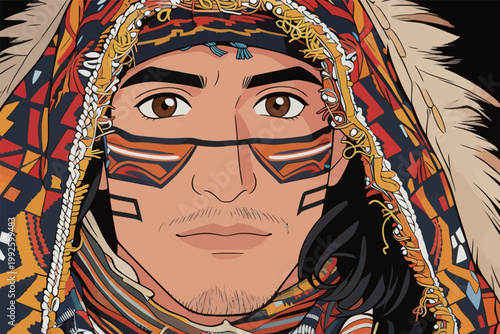 Man in traditional clothing with colorful patterns and face paint from an indigenous culture showing cultural identity and heritage