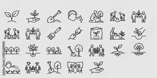 icon set collection of professional tree planting, forestry maintenance, agricultural soil preparation, manual labor, and plant growth stages for environmental restoration.