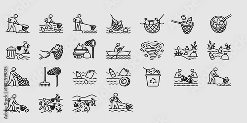 icon set collection of river cleaning operations, removing plastic debris from water using nets, boat-based waste collection, and waterway conservation.