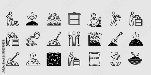 icon set collection of composting methods, organic waste decomposition, turning soil, leaf raking, and natural fertilizer production for sustainable urban gardening.
