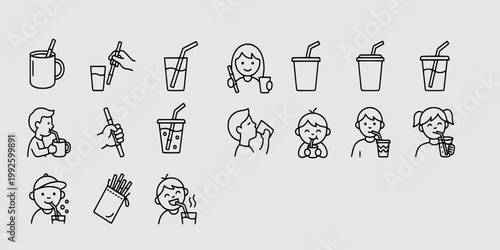 icon set collection of sustainable drinking practices, using reusable straws, bamboo or glass alternatives, and eco-friendly cup habits for toddlers.