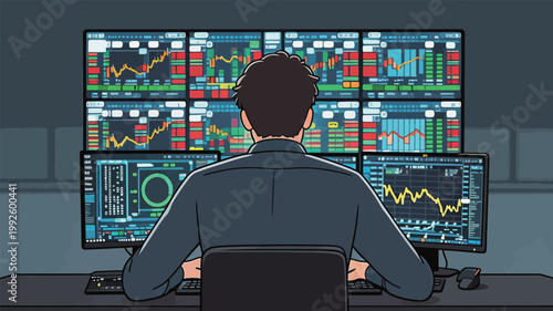 Investor monitors stock market data on multiple screens during trading hours