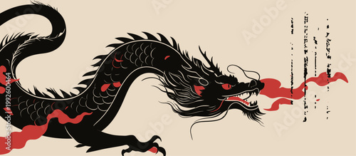 Black dragon breathes fire with red flames against a light background showing scale and grace in motion during an artistic representation