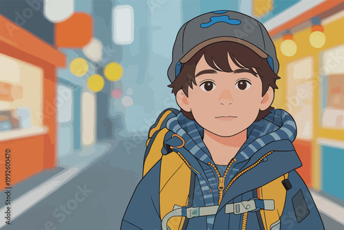 Boy stands on city street wearing blue jacket and yellow backpack as shops and lights appear in the background
