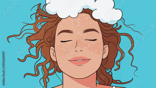A woman relaxes with her eyes closed while clouds float above her head in a blue background during daytime