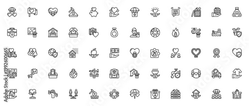 Humanitarian Aid icon set. Vector symbols for relief, donation, rescue, shelter, food, health, and global support. Includes heart, flag, delivery, first aid, and more.