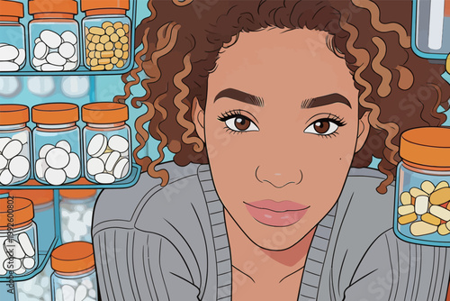 Young woman looking at the camera in front of medicine jars in a healthcare setting during the day