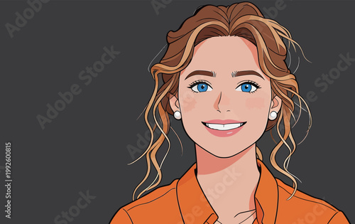 Woman with brown hair and blue eyes smiles while wearing an orange shirt against a dark background