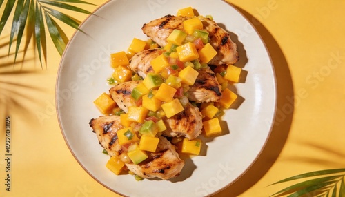 Summer-inspired grilled chicken fusion dish with diced mango salsa, vibrant tropical aesthetic, fresh and appetizing, perfect for food blogs, magazines, and restaurant menus.