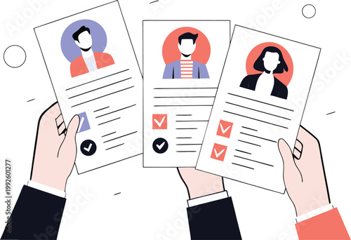 Three people holding up resumes for a job application process