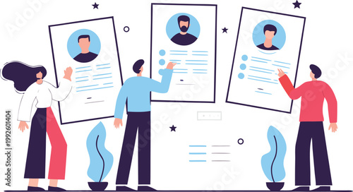 A group of people discussing and reviewing resumes in a modern setting