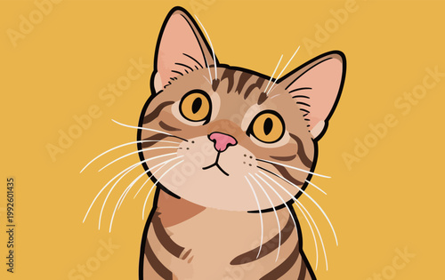 Cute brown striped cat with big yellow eyes looks at the viewer against a bright yellow background