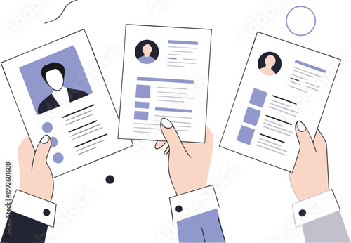 Hands holding resumes with blue and white design elements on a clean background