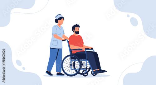 Nurse pushing patient in wheelchair, healthcare and assistance concept