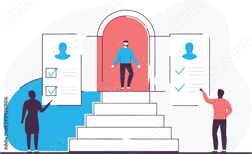 A person wearing a face mask stepping through an arched doorway to success