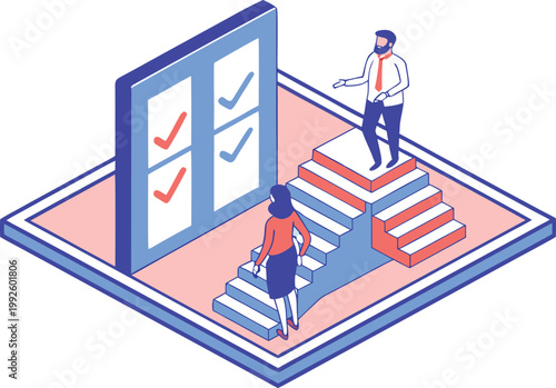 A man and woman climbing stairs to success with checklist