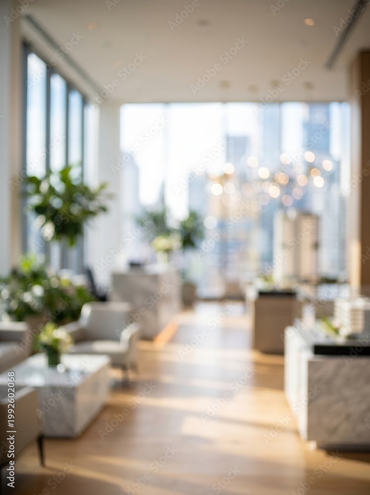 Obraz premium Modern office interior with soft bokeh and sunlight, blurry background for corporate presentations. Professional workspace environment with warm lighting for business backdrop.