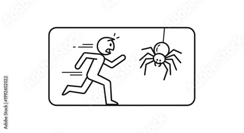Scared Person Running Away from Hanging Spider, Fear of Spiders, Arachnophobia Concept