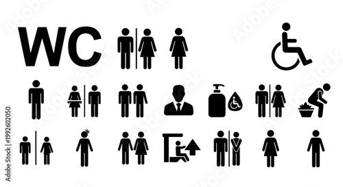 Diverse user silhouettes and restroom icons depicting public space accessibility and social variety.