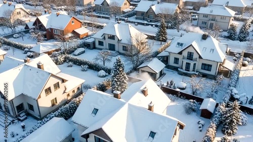 Snow-covered suburban homes with smoke rising
