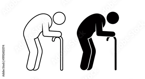 Two elderly individuals with canes walking together in a simple silhouette illustration.