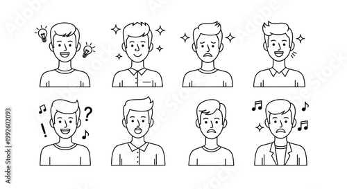 Series of cartoon avatars illustrating diverse human expressions and moods for expressive communication.