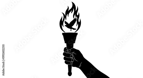 Hand holding torch with bird in flame.