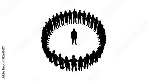 A lone figure surrounded by a crowd of people in a circular formation.