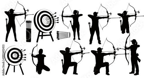 Group of archers practicing target shooting in a silhouette collage.